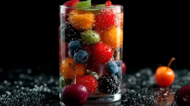 Assortment of colorful fresh berries submerged in tall clear beverage glass with condensation droplets