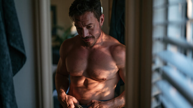 Man standing alone in apartment hallway mirror at harsh midday sun coming through window blinds, hands gripping waistband, expression uncertain and conflicted, weight loss mental struggle, body imag