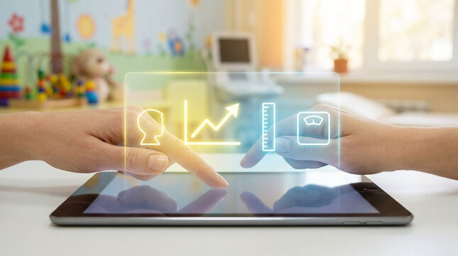 Interactive digital tablet shows holographic personal health data, including growth metrics and progress charts, for advanced wellness monitoring