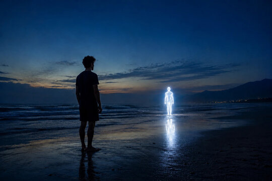 Man Encountering Glowing Humanoid Figure on Beach at Night
