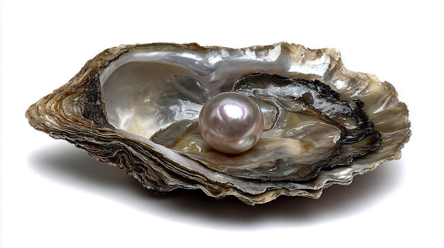 A natural pearl inside an open oyster shell isolated
