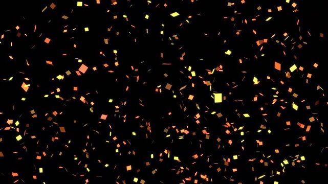Computer animation of golden confetti exploding on black background. Concept of celebration, birthday, congratulations, party, event, holiday, overlay, decoration and festival.
