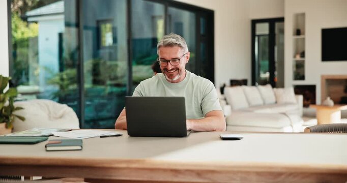Family, online and dad with laptop in home, accountant and talk with son in lounge or freelance task. Happy, bookkeeper and mature man with tech for tax preparation, remote work and chat with child