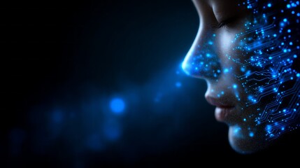 Fototapeta premium A mesmerizing view of a human face illuminated by vibrant blue lights and circuit patterns. This striking image captures the merging of technology and human essence at night