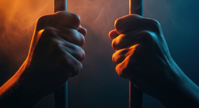 Struggling person grips cold metal bars tightly from inside a dark, confined space with dramatic orange and blue lighting