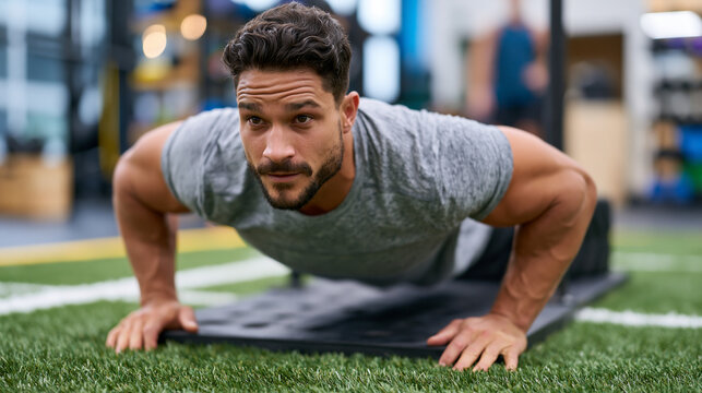 Male athlete performing sled push on turf in performance training facility, low athletic stance, effort expression, body recomposition sports performance phase, strength conditioning, turf gym, comp