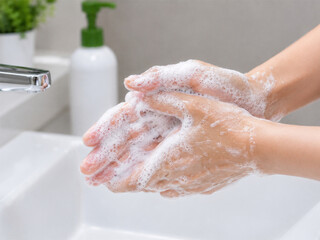 Fototapeta premium Rubbing hands of white soap suds and bubbles over a bathroom sink.