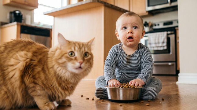 Funny parenting fail: surprised baby caught eating dry cat food from a pet bowl on the kitchen floor next to a shocked ginger cat
