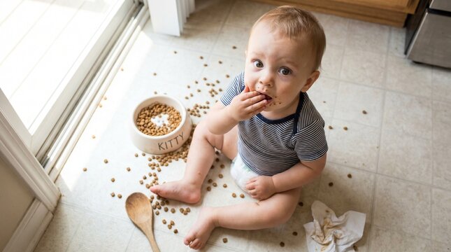High angle view of a guilty toddler caught eating dry cat food from a pet bowl. Funny parenting fail, messy floor, and domestic lifestyle concept