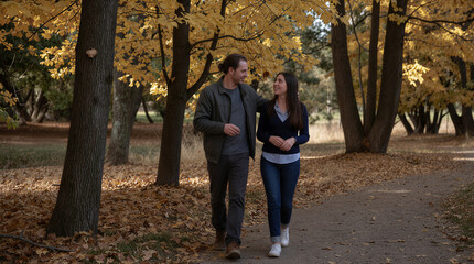 Fototapeta premium Two people walking outside in Autumn 