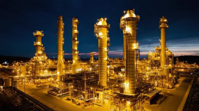 Industrial Powerhouse: A sprawling industrial complex glows with warm, artificial light against the twilight sky, showcasing a powerful energy facility in operation.