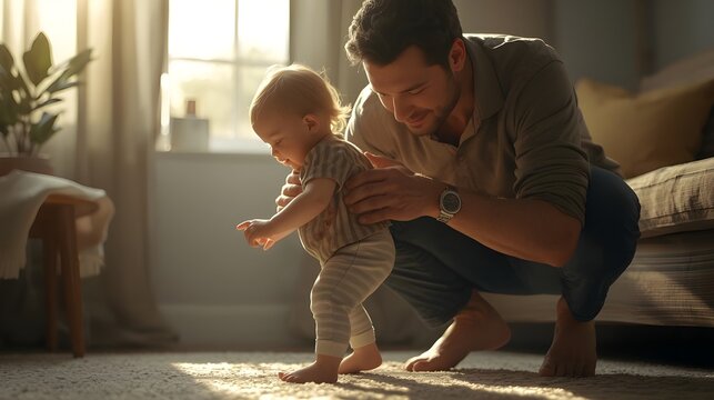 A loving father gently supports his baby as it takes its first tentative steps on a carpeted floor, bathed in warm sunlight indoors.