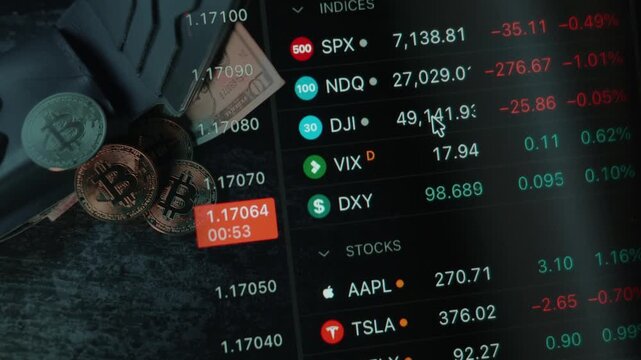 A wallet with dollar bills and foreign currency in an investor  investment portfolio. Financial and stock markets, charts and candlesticks. Economic trend analysis. Digital assets, crypto, bitcoin