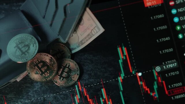 A wallet with dollar bills and foreign currency in an investor  investment portfolio. Financial and stock markets, charts and candlesticks. Economic trend analysis. Digital assets, crypto, bitcoin