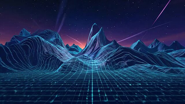 A digital landscape featuring glowing mountains and a grid floor