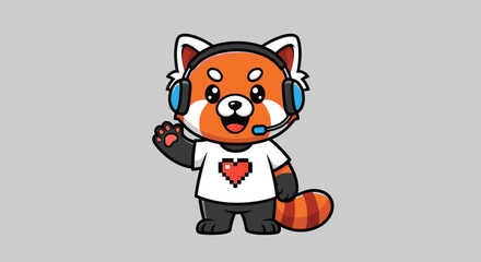 Obraz premium Cute red panda gamer mascot with headphones and heart shirt.