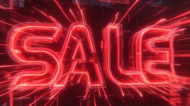 Bright red SALE lettering in neon style on a dark tech background, concept of discount promotion for retail events