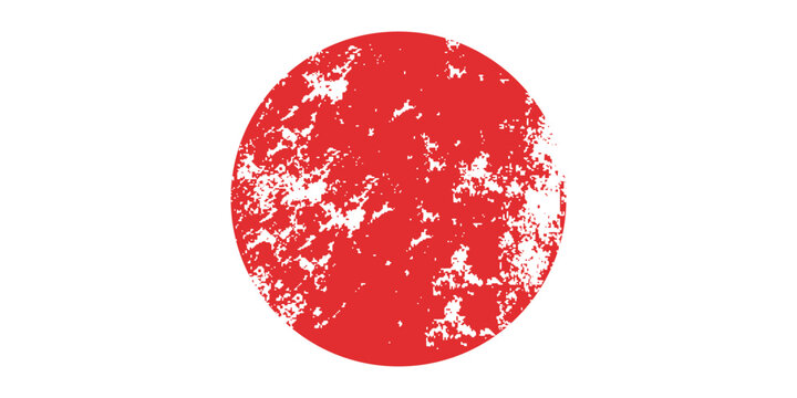 Japanese flag symbol of rising sun. Red circle in grunge style on white background.