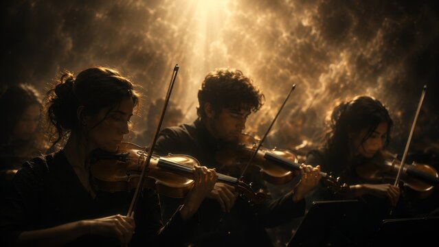 Close view of violinists playing in warm golden light, their focused expressions and graceful bows illuminated by a glowing celestial backdrop that adds drama to the classical performance
