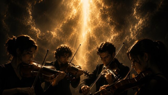 Four violinists perform beneath a radiant beam of golden light, framed by celestial clouds and deep shadows, blending chamber music intimacy with a dramatic fantasy concert atmosphere