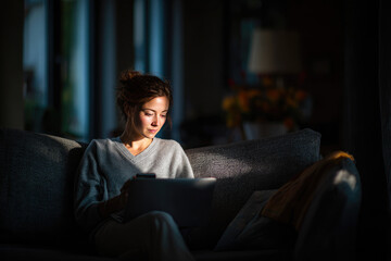 Fototapeta premium Portrait of a woman using laptop and a phone and checking email or news online while sitting on sofa at home. Searching for friends in internet social networks or working on computer.