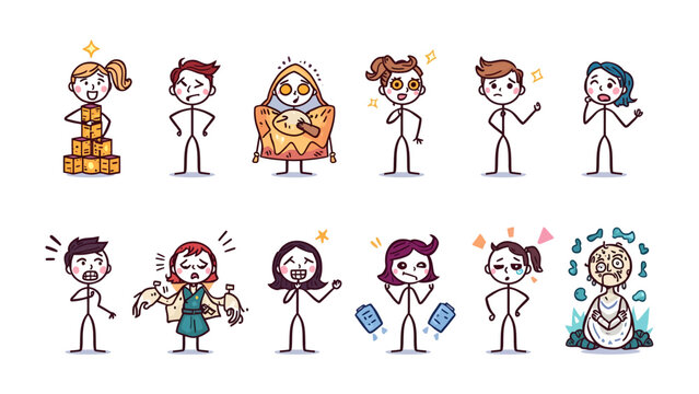 Set of People with Various Emotions: A collection of stylized stick figures expressing a wide range of human emotions from surprise and joy to bewilderment and shock, each uniquely illustrated.