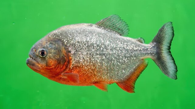 3D animation of a realistic Red-bellied piranha swimming forward against a bright green screen background, suitable for chroma key compositing and visual effects.