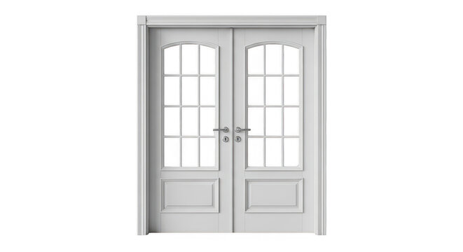 Modern double glass front door with white frame isolated on transparent background