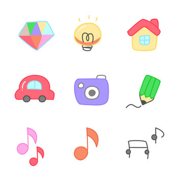 Cute Kawaii Sticker Icon Collection with Pastel Cartoon Objects, Hand Drawn UI Elements and Adorable Emoji Symbols