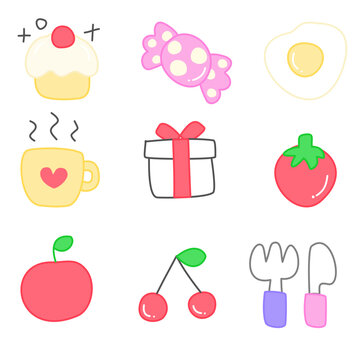 Cute Kawaii Sticker Icon Collection with Pastel Cartoon Objects, Hand Drawn UI Elements and Adorable Emoji Symbols