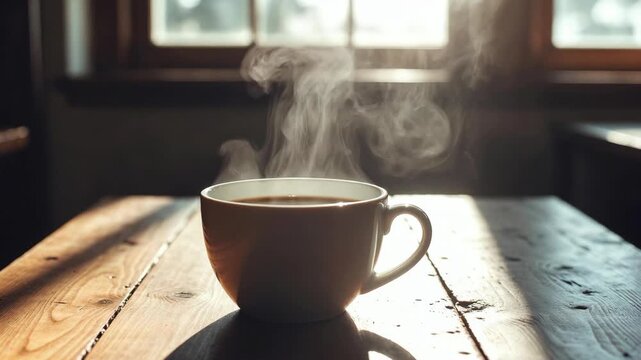 Steaming coffee cup in warm photo style on rustic wooden table background, concept of comfort and morning warmth