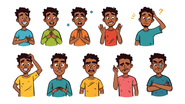 Collection of Emotions: A young man displays a wide range of human emotions, from joy and surprise to confusion and anger, illustrated through distinct facial expressions and body language.