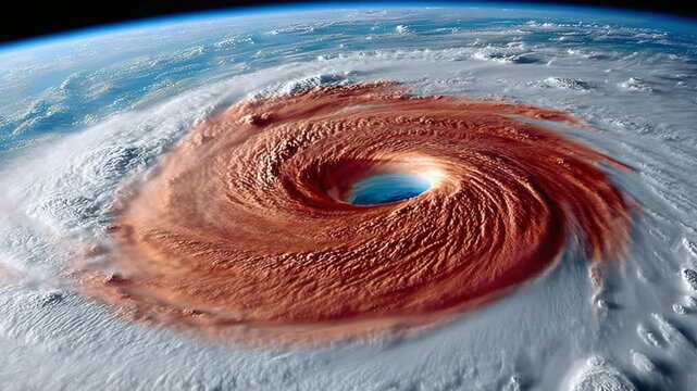 Hurricane Eye from Space: A colossal hurricane churns with immense power over the vast expanse of Earth's atmosphere, its eye a calm blue void surrounded by swirling red and white clouds.
