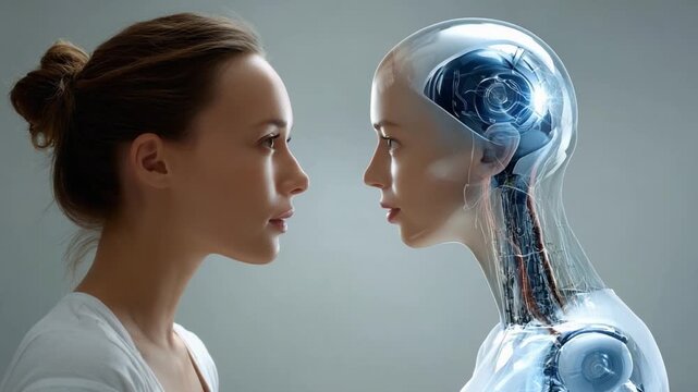 Human Meets Robot: A close-up shot depicts a woman and a humanoid robot facing each other, symbolizing the intersection of humanity and artificial intelligence, and the future of technology.