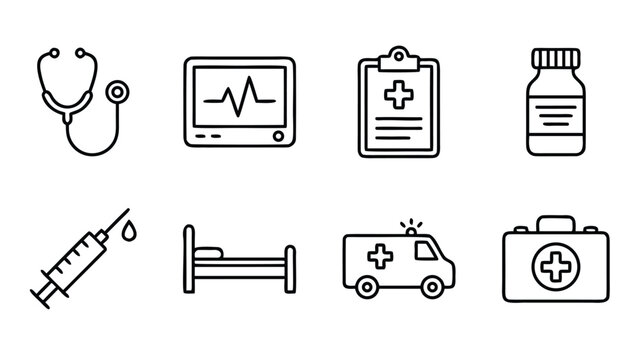 Set of 8 Minimalist Healthcare Line Icons Including Stethoscope, Heart Rate Monitor, Medical Clipboard, Pill Bottle, Syringe, Hospital Bed, Ambulance, and First Aid Kit for Medical Design Projects.