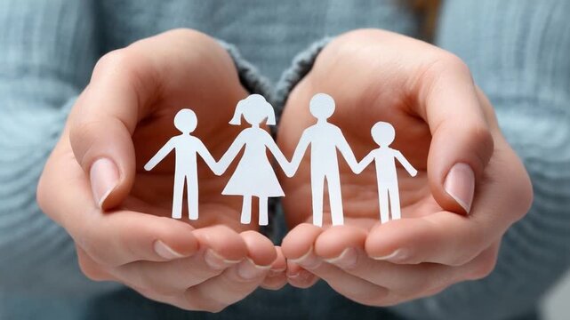 Caregiver's Embrace: Hands gently cradle a paper cutout family, symbolizing protection, unity, and the nurturing essence of love and security.