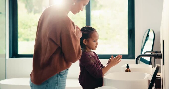 Health, mother and kid in home with washing hands, germ protection or teaching wellness with hair routine. Support, flare or family with grooming, bacteria prevention or childcare in hygiene habit.
