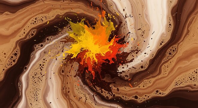 Vibrant paint splash explosion in swirling brown liquid abstract art