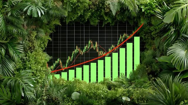 Green Growth Chart in Lush Foliage: A vibrant green bar graph and a red line chart showing an upward trend are displayed within a frame of lush, vibrant green plants.