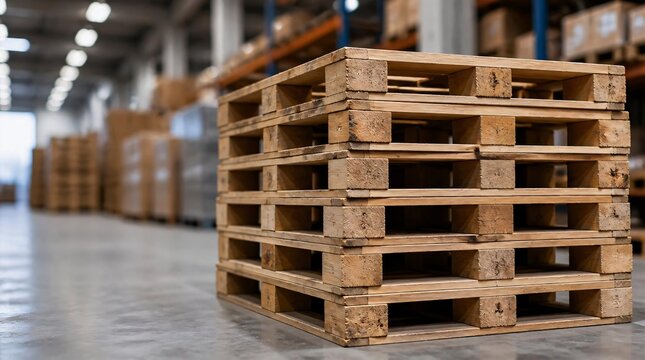 Stacks of empty wooden pallets in the warehouse.