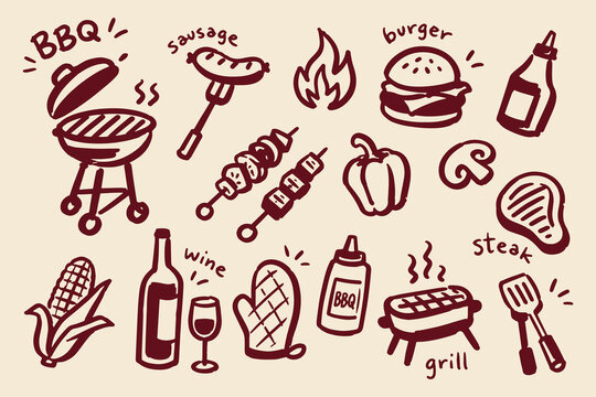 BBQ Grill Food Set Doodle Sketch Vector Illustration