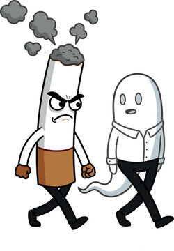 Smoking Cigarette Character Walking Beside Ghost Symbolizing Harmful Addiction, Passive Smoking, Air Pollution, Health Risk, and Toxic Lifestyle Vector IllustrationSmoking Cigarette Character Walking 