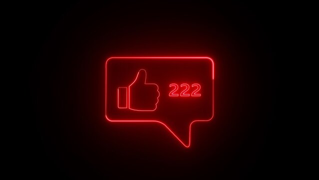 Red neon thumbs up like notification icon with count 222 on black background social media