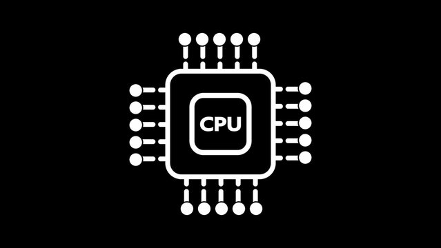 White outline icon of aCPU chip with pins and the word CPU on black background processor computer