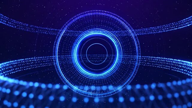 A glowing blue digital circle interface floats in dark space