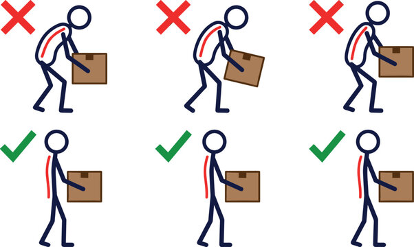 Correct and incorrect posture infographic set for safe box lifting manual handling and workplace back health vectorCorrect and incorrect posture infographic set for safe box lifting manual handling an