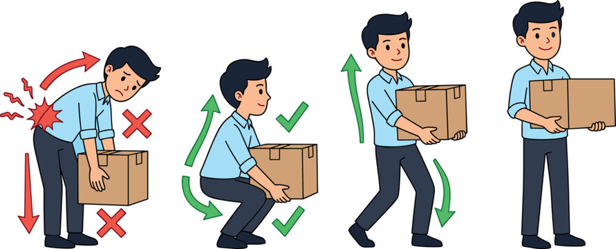 Correct and incorrect heavy lifting technique vector infographic showing man carrying box with safe spinal postureCorrect and incorrect heavy lifting technique vector infographic showing man carrying 