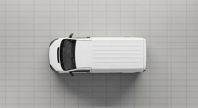 White commercial cargo van parked on gray tiled surface, top view
