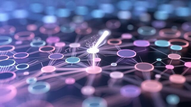 Colorful connected nodes in abstract style on dark background showing concept of communication and data links
