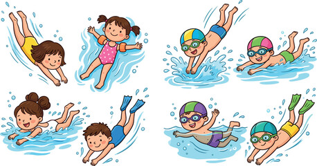 Cute children swimming and diving in pool vector cartoon characters set for summer water activities illustrationCute children swimming and diving in pool vector cartoon characters set for summer water © MST